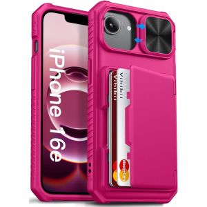 Pour Coque Iphone 16e Avec Fentes Pour Cartes [Rfid Blocking],Protection Cache Objectif,Tpu Militaire Robuste Coque Antidérapant Wallet Housse Pour Iphone 16e 6,1"" 2025 5g,Rose Néon - Neuf