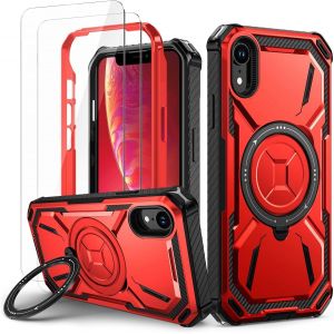 Maa-Coque Pour Iphone Xr Avec 2 Verre Trempé, Antichoc Étui De Militaire Protection, Anneau Support Renforcée Armure Etui Pour Iphone Xr Housse, Rouge - Neuf