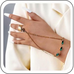 Kalsw-Goth Cha&icirc;ne Cristal Bracelet Main &Eacute;meraude Serpent Doigt Bracelet Anneau Cha&icirc;ne Or Serpent Bracelet Poignet Esclave Harnais Main Hallowen Bijoux Fantaisie Pour Femmes Et Filles - Neuf