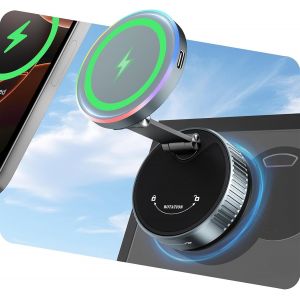 Sjzg-Pour Magsafe Support Chargeur Voiture, Charge Rapide Sans Fil 15w Et Ventouse &Agrave; Vide Rotative 360&deg;, Avec Lumi&egrave;re Rgb Pour Iphone 16/15/14/13/12/Tableau De Bord/Pare-Brise/&Eacute;cran - Neuf