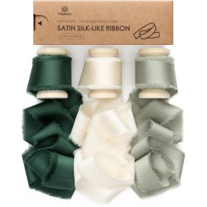 Ruban De Satin &Agrave; Franges Vert & Cr&egrave;me 2.5 Cm X 13.7 M, Ruban Tissu Fait Main Pour Emballage Cadeau, Bouquets De Mariage, D&eacute;corations De F&ecirc;te - Neuf