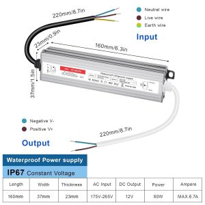 Transformateur 220V 12V LED 80W, alimentation 12v 80w 6.7A, led driver 12v &eacute;tanche IP67, Transfo AC &agrave; DC, convertisseur 220v 12v, 12V80W pour G4, GU5.3, MR11, MR16, Bande LED, Non Dimmable - Neuf