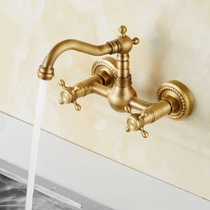 Robinet de cuisine antique en cuivre, mitigeur classique en laiton, robinet mural &agrave; double levier pour eau chaude et froide, robinet pivotant pour baignoire - Neuf