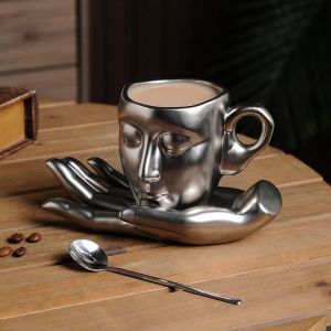 Eryi-Ensemble Tasses À Expresso En Céramique Avec Soucoupes,Tasses À Café 260ml,Tasse Cappuccino Vintage Créatif Motif 3d Visage Et Mains,Tasse Mug Pour Thé, Céréales, Petit-Déjeuner,Latte,Moka - Neuf