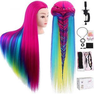 80cm Têtes d'exercice Tête À Coiffer Coiffure Cosmétologie Pratique Mannequin Poupée 100% de Cheveux Synthétiques + Titulaire & Hairdressing Outils Accessoires Set - Neuf