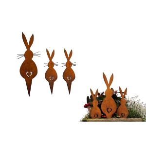 Ensemble D&eacute;coratif De Jardin En M&eacute;tal Lapin De P&acirc;ques - 3 Piquets De Jardin En Fer Rouill&eacute; (2 Petits, 1 Grand) - Neuf