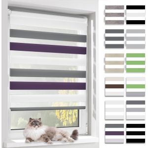 Store Enrouleur Jour Nuit, Tissu Double, Rideau Sans Per&ccedil;age, Translucide Occultant Et Protection Vie Priv&eacute;e,Pour Fen&ecirc;tre Et Porte,Blanc-Anthracite-Aubergine,65l X 140l Cm - Neuf