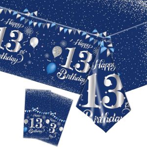Tianyi-2 Pi&egrave;ces Nappe Bleu Marine Decor F&ecirc;te D'anniversaire Pour 13 Ans, 137x274cm Nappe Plastique Et Rectangulaire D&eacute;coration De Table Joyeux Anniversaire Pour Gar&ccedil;on Fille D&eacute;coration Anniversaire - Neuf