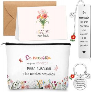 Coffret Cadeau pour Enseignante d'École Primaire-Comprend Trousse de Maquillage,Porte-Clés,Marque-Page et Carte de Remerciement,Idéal pour Fin de l'Année Scolaire (Style Floral) - Neuf