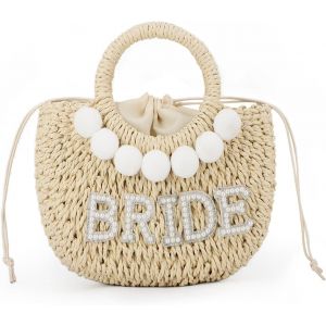 RFCBC-Femmes Mariée Paille Sac À Bandoulière Tissé À La Main Bandoulière Strass Lettre Patches sac À Main Lune De Miel Mariage Bridal Shower Cadeau - Neuf