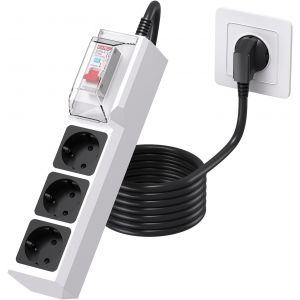 RCD Multiprise avec disjoncteur diff&eacute;rentiel 30mA, Multiprise Parafoudre 3 Prises avec disjoncteur de Protection (4000W/16A) + C&acirc;ble 3M, pour appareils &eacute;lectrom&eacute;nagers, Outils, ext&eacute;rieur - Neuf