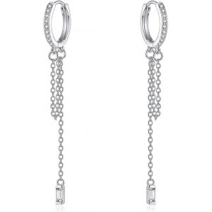 Kal-Boucles D'oreilles Créoles Pendantes En Argent Sterling 925 Avec Pompon Pour Femme - Boucles D'oreilles Créoles Avec Chaîne Et Pendentif En Forme De Goutte Avec Zircone Cubique - Petites - Neuf
