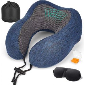 KALANKA-Coussin de Voyage, Oreiller de Voyage Memoire Forme pour Avion, Voiture, Train, Bureau,Voyage avec Bouchons d'oreilles, Masque de Nuit - Neuf