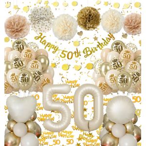 Décoration Anniversaire 50 Ans Femmes-Beige Or Ballon,Bannière Joyeux Anniversaire,PomPoms en Papier pour Femmes - Neuf
