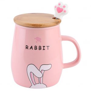 Hjlian Tasse En Ceramique Mignonne De 420 Ml, Tasse A Eau, The, Cafe, Lait, Avec Couvercle En Bois Et Cuillere, Cadeau Rose - Neuf
