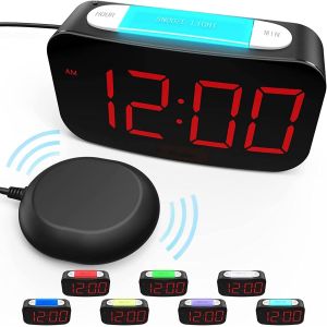 Réveil puissant pour gros dormeurs, vibration, luminosité automatique, 7 veilleuses, réveil vibrant avec vibreur de lit pour sourds et malentendants, 12/24 h, 2 ports USB, fonction répétition - Neuf