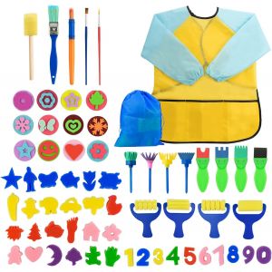 JEXNOVASHOP-65 Pi&egrave;ces Peinture &eacute;ponge Lot de pinceaux, Brosses de Peinture pour Enfants Maternelle Artisanat Art DIY Peinture d'apprentissage Pr&eacute;coce, Tablier et Pinceaux - Neuf