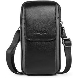 CAUC-Sacs multifonctions en cuir v&eacute;ritable &agrave; double fermeture &eacute;clair pour homme, look vintage, sac &agrave; bandouli&egrave;re, sac de ceinture pour t&eacute;l&eacute;phone portable, &eacute;tui de t&eacute;l&eacute;phone pour voyage - Neuf