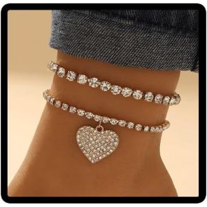 Kal-Double Couche Plage Cristal Chaîne De Pied Heart Love Bling Chaîne De Pied D'été Accessoires Pour Femmes Et Filles Bijoux (Argent) - Neuf