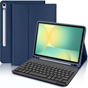 Coque Clavier pour Samsung Galaxy Tab S10 FE / S9 FE - Synth&eacute;cuir Bleu Marine avec Clavier Bluetooth - E.F.Connection - Neuf