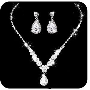 Parure De Bijoux De Mariage Avec Collier Et Boucles D'oreilles Pendantes En Argent Et Cristal Pour Femme Et Fille.[Y938] - Neuf