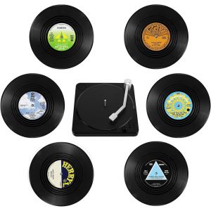 Dessous De Verre En Vinyle 10,5 X 10,5 X 0,2 Cm, Lot De 6 Dessous De Verre Rétro Cd Pour Boissons, Dessous De Verre En Vinyle Avec Support, Dessous De Verre Antidérapants Pour Bouteilles De Vin - Neuf