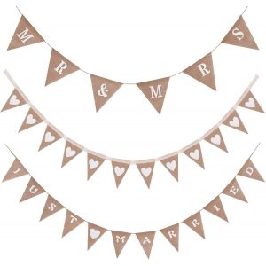 KYAOAYO-Lot De 3 Guirlandes De Fanions Just Married - Décoration De Mariage Vintage En Forme De C?ur - Guirlande Mr Mrs En Jute - Pour Mariage, Fiançailles, Décoration - Neuf