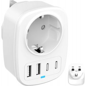 JGD-Adaptateur de Voyage pour UK, Prise Anglaise Adaptateur avec 1 AC 2 USB-C 2 USB-A Ports, Adaptateur Multifonction vers France pour &Eacute;cosse/Irlande/Duba&iuml;/Maldives - Neuf