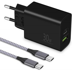 Chargeur USB C 30W et C&acirc;ble Type C 2m, Prise 2 Ports avec PD3.0/QC3+, Embout Chargeur Rapide, Adaptateur Secteur USB C Compatible avec iPhone 16 15 Pro, Samsung S24/S23, Google Pixel 9/8/7/6 - Neuf