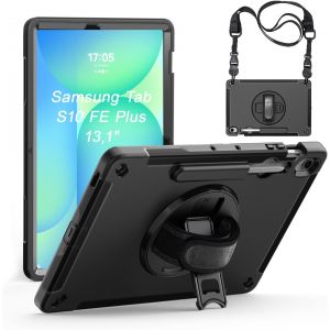Coque Robuste Pour Samsung Galaxy Tab S10 Fe+ Plus (13,1"") 2025, Étui De Protection Résistant Aux Chocs, Avec Support Rotatif, Dragonne, Bandoulière Et Porte-Stylo-Noir - Neuf