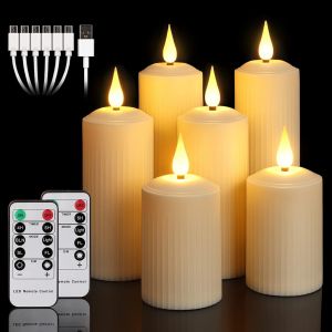 Lot De 6 Bougies Led Rechargeables Avec T&eacute;l&eacute;commande &Agrave; 10 Touches, &Eacute;tanches Fausse Bougie Avec Minuterie De 6/8 Heures, 5.1x 10,5/14/16,5 Cm, Ivoire, Type C - Neuf