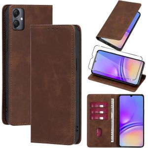 KAL-Coque Cuir Pour Samsung Galaxy A05 6.7"" Avec 1 Verre Tremp&eacute; Etui &Agrave; Rabat En Pu Porte-Cartes Portefeuille Support Flip Housse Magn&eacute;tique Antichoc Anti-Rayures Case,Marron - Neuf