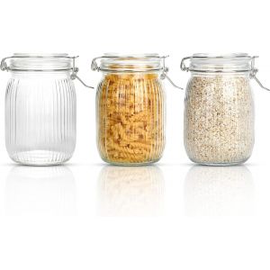 Jexnovashop-3 Bocaux En Verre Hermétique 1l, Grand Bocal En Verre À Rayures Avec Couvercle À Clip, 1000ml Pot En Verre Avec Couvercle, Pot Confiture Bocaux À Pickles Pour Le Pâtes, Céréales, Grains - Neuf