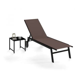 Ensemble 2 Pi&egrave;ces Mobilier D'ext&eacute;rieur Costway, Chaise Longue En Tissu, Table Basse En Verre Tremp&eacute;, Dossier R&eacute;glable, Roues,Marron - Neuf