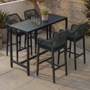 Ensemble table de bar + 4 tabourets de bar HWC-P91, chaise de bar, table haute, coussin d'assise d'ext&eacute;rieur en m&eacute;tal tress&eacute;vert - Neuf