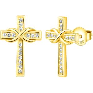 Kal-Boucles D'oreilles Femme Fille, Boucle D'oreille En Argent 925, Boucle D'oreille Croix Et Symbole D'infini, Zircon Incrust&eacute;, Boucle D'oreille Croix, Fantaisie, Argent, Or Rose, Or - Neuf