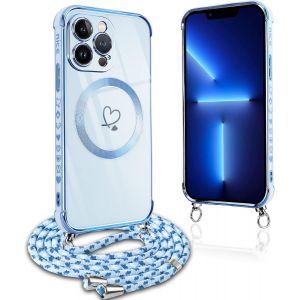 Eryi-Coque Magnétique Pour Iphone 13 Pro Con Cordon, Compatible Avec Magsafe, Silicone Housse Avec Motif Coeur D'amour Réglable Collier Lanyard, Antichoc Etui Pour Iphone 13pro 6.1 Pouces, Bleu - Neuf
