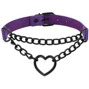 Kal-Choker Punk Gothique Cuir Pu Ras De Cou À Chaîne Coeur Collier Rock Femme Homme Réglable - Neuf