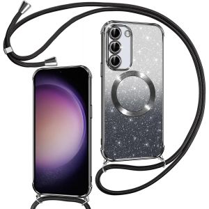 SJZG-Couqe Magn&eacute;tique Pour Samsung Galaxy S23 Plus 5G Con Cordon, Compatible Avec Magsafe, Brillant Glitter Paillet&eacute; Antichoc Durable R&eacute;sistante Etui Housse Pour Samsung S23 Plus 5G Bumper, Noir - Neuf