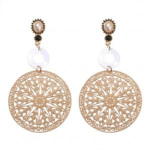 Mode Femme Long Hollow Rond Carve M&eacute;tal Coque Faux Perle Alliage Boucle D'oreille Stud - Neuf