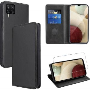 TRAHOO-Coque Cuir pour Samsung Galaxy A12/M12/A12 Nacho 6.5"" avec 1 Verre Tremp&eacute; Etui &agrave; Rabat en PU Porte-Cartes Portefeuille Support Flip Housse Magn&eacute;tique Antichoc Anti-Rayures Case,Noir - Neuf