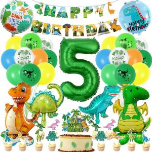 CAUC-Decoration Anniversaire Dinosaure 5 Ans, XXL Ballons Dinosaure 5 Ans Gar&ccedil;on, avec D&eacute;coration de G&acirc;teaux, Happy Birthday Banni&egrave;re, pour Vert Jungle Th&egrave;me Deco Anniversaire F&ecirc;te Gar&ccedil;on Enfants - Neuf