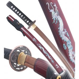 Danzan Wakizashi Dragon Rouge Sabre en Bois Epee Entrainement Wakizashi Japonais - Lame Bois Wenge D&eacute;coration - Neuf