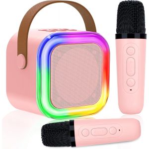 Microphone Karaok&eacute; Enfant avec 2 Micro sans Fil,Machine de Karaoke Portable Bluetooth avec Haut-Parleur,Lumi&egrave;res LED,Jouet &Eacute;ducatif,pour Filles et Gar&ccedil;ons - Neuf