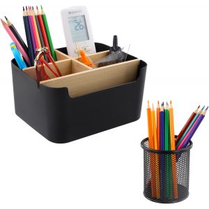 KALANKA-Organiseur de Bureau &agrave; 5 Compartiments en Bois, Bo&icirc;te de Rangement Bureau Amovible avec Porte-Stylos Noir, Pot a Crayon bureau, Desk Organizer, pour Stylos, Crayons, T&eacute;l&eacute;commande, Note - Neuf