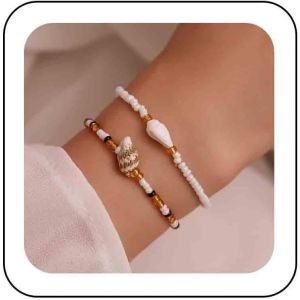 Kalsw-Bracelet Vintage Perles Rocaille Bracelet Perles Riz Blanc Bracelet Chaîne Boho Bracelet Coquillage Cauris Bracelet Chaîne Cauris Bijoux Chaîne Pour Les Femmes Et Les Filles 2pcs - Neuf