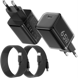 2Pcs Chargeur Usb C 65W, Charge Rapide Pd3.0 Pps, Gan Ii Avec Câble Tressé 2M, Compatible Pour Macbook Pro/Air, Pour Samsung Galaxy S25/S24/S23, Pour Iphone 17/16/15(Noir) - Neuf