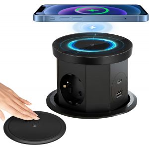 Bloc Prise Encastrable Plan De Travail Multiprise Encastrable, Prise De Table Escamotable 3 Prises Avec 1 Usb C 1 Usb A - Prise De Table Rétractable - Avec Chargeur Sans Fil (Noir) - Neuf
