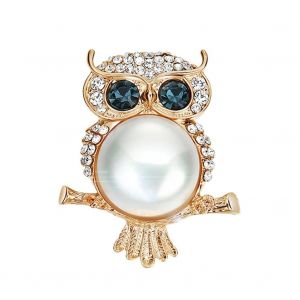 Broche en alliage en forme de hibou simple pour femmes avec zircon et d&eacute;coration de perles artificielles - Neuf