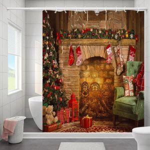 Rideau de douche coloré « Joyeux Noël », 180 x 180 cm, sapins de Noël, cheminée, fond en brique, imperméable, rideau de salle de bain - Neuf